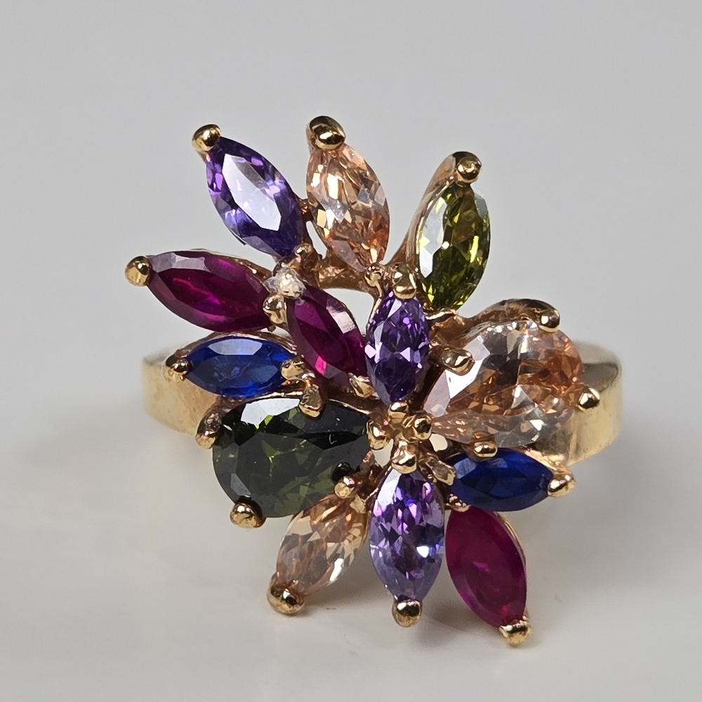 Goldplated Multicolor Crystal Gemstone Flower Rin… - image 7